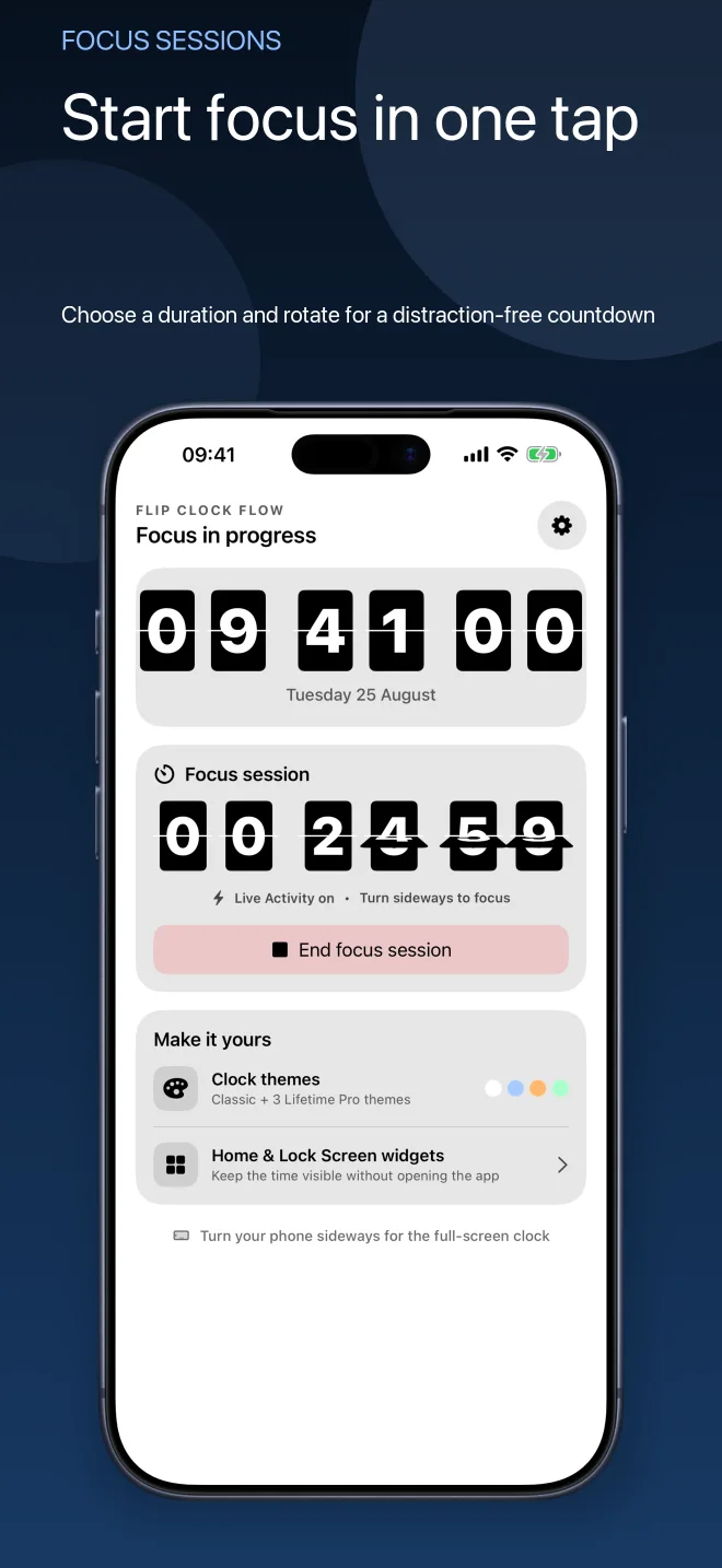 Flip Clock Flow focus session controls and running focus timer